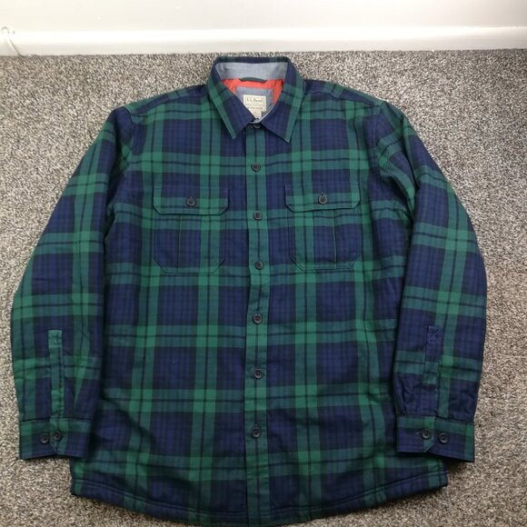 LL Bean Shirt Jacket Flannel Primaloft Blackwatch Tartan Plaid Mens Large